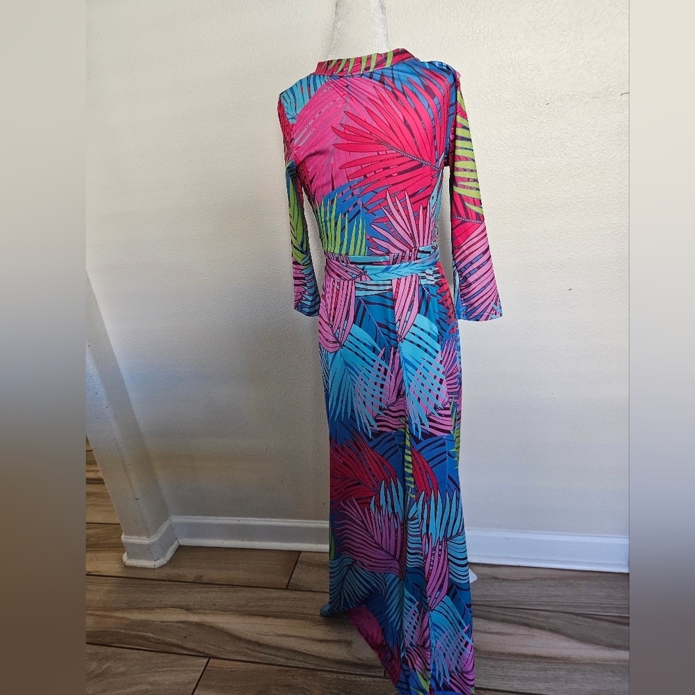 Tropical Multicolor Women's Palm Print Faux Wrap Maxi Dress Casual Size M. - Picture 6 of 8